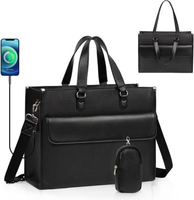 Laptop Messenger & Shoulder Bags | Laptop Bag For Women, Laptop Tote Bag 17 Inch, Waterproof Leather Computer Tote Bag With Usb Charging Port, Women Briefcase Business Office Work Bag, Large Capacity Handbag Shoulder Bag Black Laptop Bags Black