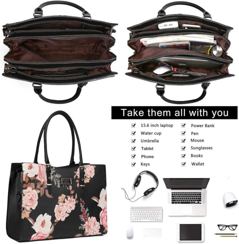 Laptop Messenger & Shoulder Bags | Laptop Tote Bag Compatible With Macbook Air 15 Inch M2 A2941/Pro 16 Inch M3 M2 M1 & 15-15.6 Inch Notebook, Peony Waterproof Pu Leather Travel Work Briefcase With Adjustable Pu Handle, Black Laptop Bags Black