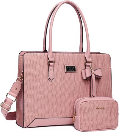 Laptop Messenger & Shoulder Bags | Laptop Tote Bag For Women, 15.6 Inch Pu Leather Laptop Bag Compatible With Macbook, Hp, Dell, Asus Notebook, Large Capacity Woven Travel Work Office Computer Bag & Clutch Purse, Pink Laptop Bags Laptop Messenger & Shoulder Bags