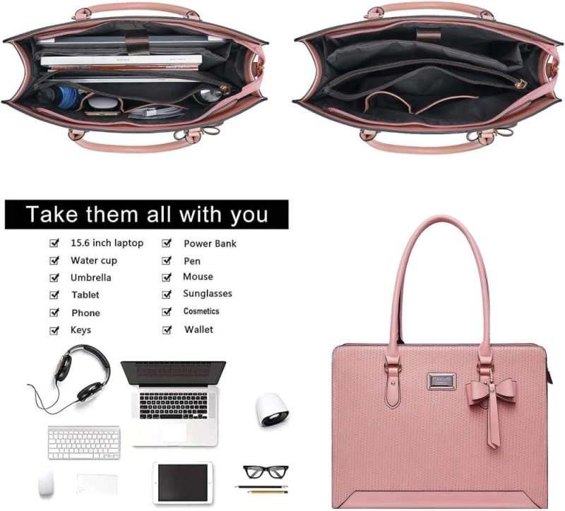 Laptop Messenger & Shoulder Bags | Laptop Tote Bag For Women, 15.6 Inch Pu Leather Laptop Bag Compatible With Macbook, Hp, Dell, Asus Notebook, Large Capacity Woven Travel Work Office Computer Bag & Clutch Purse, Pink Laptop Bags Laptop Messenger & Shoulder Bags