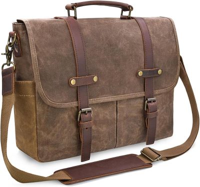 Laptop Messenger & Shoulder Bags | Mens Messenger Bag 15.6 Inch Waterproof Vintage Genuine Leather Waxed Canvas Briefcase Large Leather Computer Laptop Bag Rugged Satchel Shoulder Bag, Brown Laptop Bags Brown