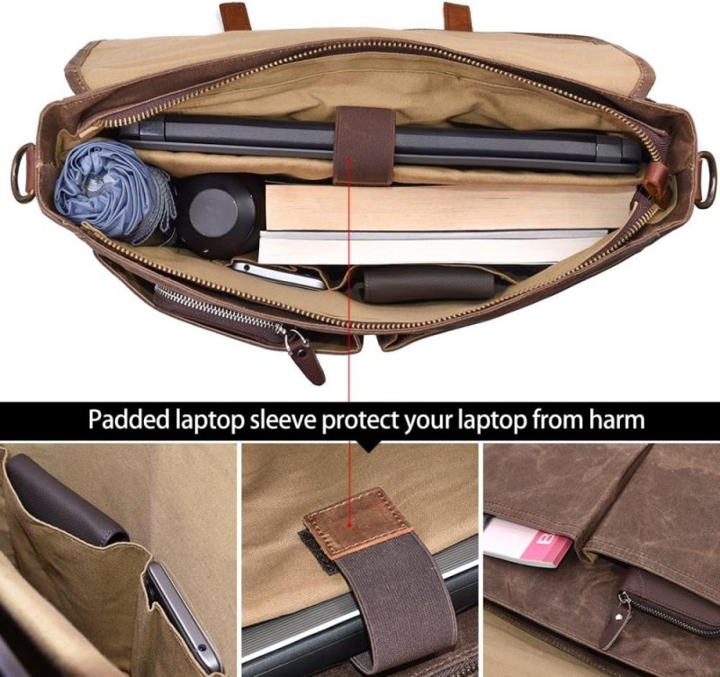 Laptop Messenger & Shoulder Bags | Mens Messenger Bag 15.6 Inch Waterproof Vintage Genuine Leather Waxed Canvas Briefcase Large Leather Computer Laptop Bag Rugged Satchel Shoulder Bag, Brown Laptop Bags Brown