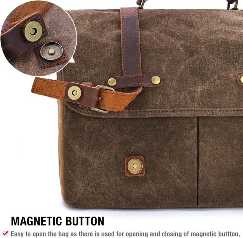 Laptop Messenger & Shoulder Bags | Mens Messenger Bag 15.6 Inch Waterproof Vintage Genuine Leather Waxed Canvas Briefcase Large Leather Computer Laptop Bag Rugged Satchel Shoulder Bag, Brown Laptop Bags Brown