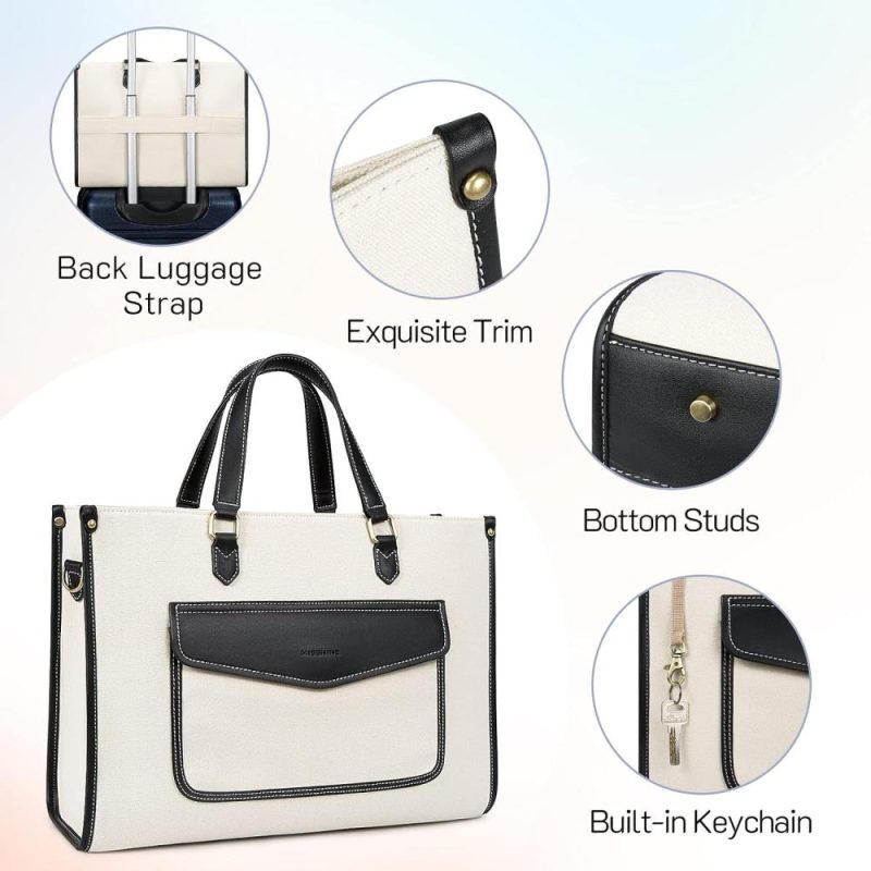 Laptop Messenger & Shoulder Bags | Tote Bag Canvas Laptop Bag For Women 15.6 Inch Casual Work Bags With Clutch Purse Computer Shoulder Bag 2 Pcs Set For Travel, Office, College Laptop Bags Black+beige