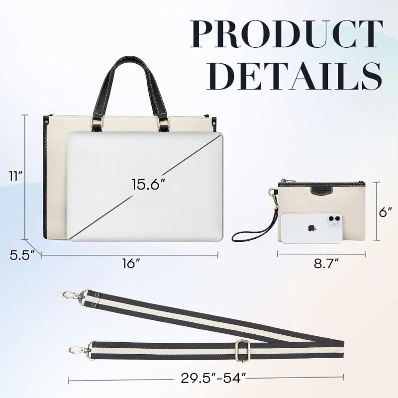 Laptop Messenger & Shoulder Bags | Tote Bag Canvas Laptop Bag For Women 15.6 Inch Casual Work Bags With Clutch Purse Computer Shoulder Bag 2 Pcs Set For Travel, Office, College Laptop Bags Black+beige