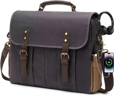 Laptop Messenger & Shoulder Bags | Vintage Mens Messenger Bag 15.6 Inches Waterproof Genuine Leather Waxed Canvas Satchel Shoulder Bag Briefcase Laptop Bag With Charging,Headset Port Gray Laptop Bags Dark Grey