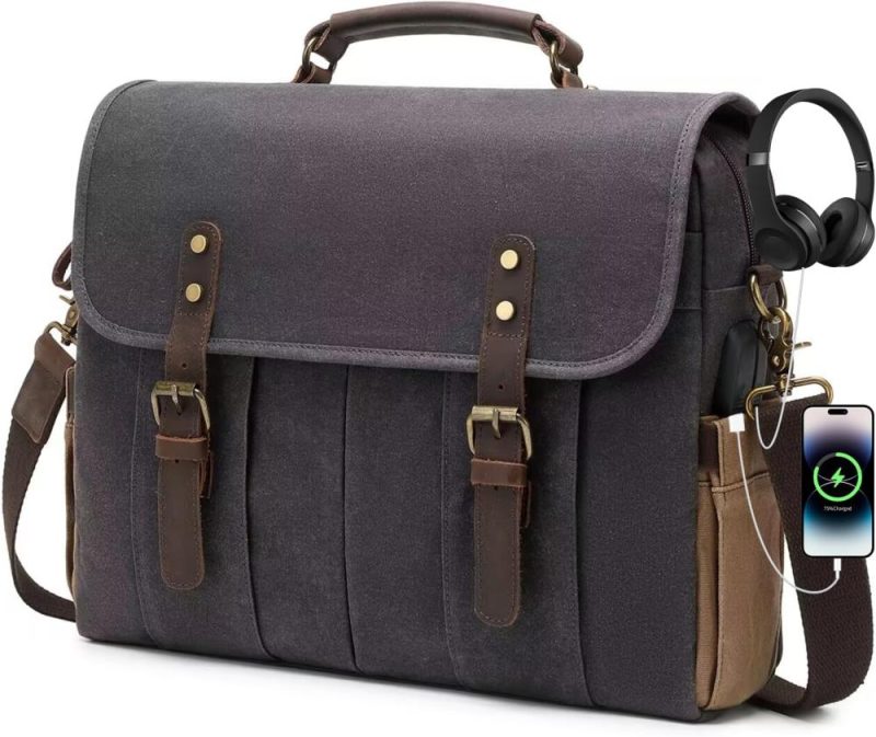 Laptop Messenger & Shoulder Bags | Vintage Mens Messenger Bag 15.6 Inches Waterproof Genuine Leather Waxed Canvas Satchel Shoulder Bag Briefcase Laptop Bag With Charging,Headset Port Gray Laptop Bags Dark Grey