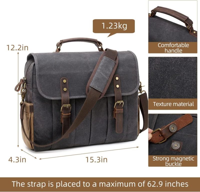 Laptop Messenger & Shoulder Bags | Vintage Mens Messenger Bag 15.6 Inches Waterproof Genuine Leather Waxed Canvas Satchel Shoulder Bag Briefcase Laptop Bag With Charging,Headset Port Gray Laptop Bags Dark Grey