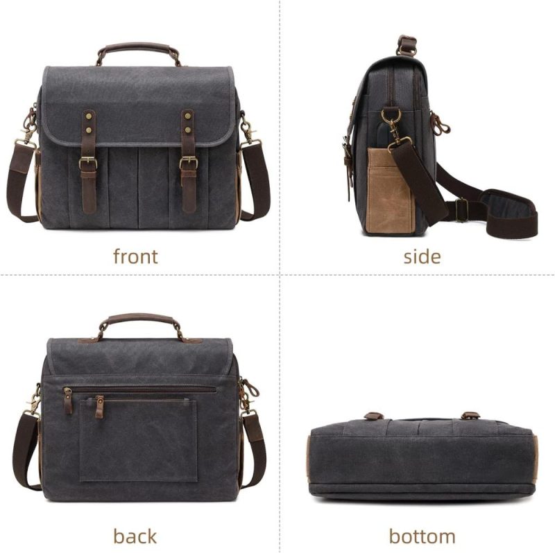 Laptop Messenger & Shoulder Bags | Vintage Mens Messenger Bag 15.6 Inches Waterproof Genuine Leather Waxed Canvas Satchel Shoulder Bag Briefcase Laptop Bag With Charging,Headset Port Gray Laptop Bags Dark Grey