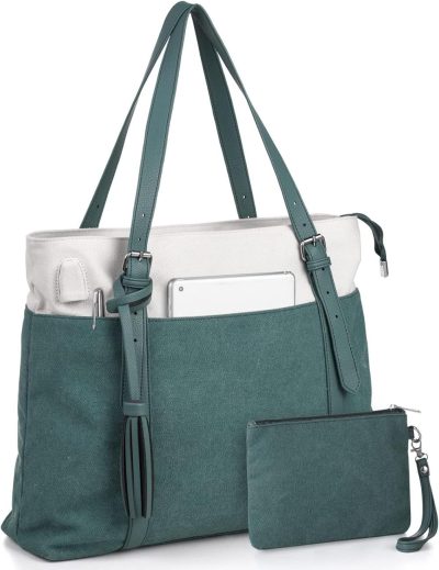 Laptop Messenger & Shoulder Bags | Women Tote Bag For School,Cute Bookbag Teacher Bag For College,Laptop Tote Bag Purse With Compartments Zipper For Work Travel Nurse Church,Canvas,Green Laptop Bags Green