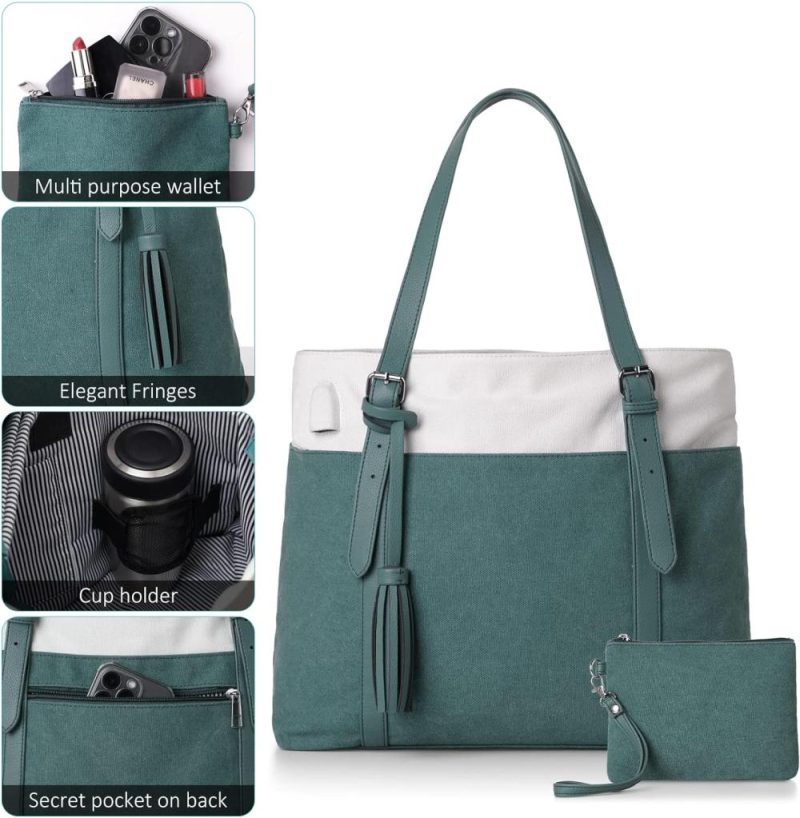 Laptop Messenger & Shoulder Bags | Women Tote Bag For School,Cute Bookbag Teacher Bag For College,Laptop Tote Bag Purse With Compartments Zipper For Work Travel Nurse Church,Canvas,Green Laptop Bags Green