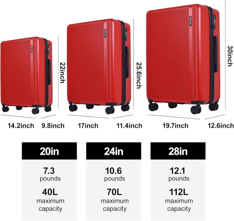 Luggage Sets | 3 Piece Luggage Sets With Spinner Wheels,Hard Suitcases With Wheels,Travel Luggage Tsa Approve,Red Luggage Luggage Sets