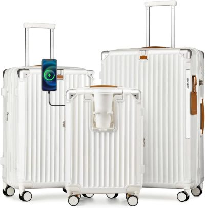 Luggage Sets | Carry On Luggage Sets 3 Piece, Expandable Suitcase Set With Smart Luggage Cup Holder And Usb Port, Hardside Luggage With Tsa Lock Spinner Double Wheels, White, 20/24/28 Inch Luggage Luggage Sets