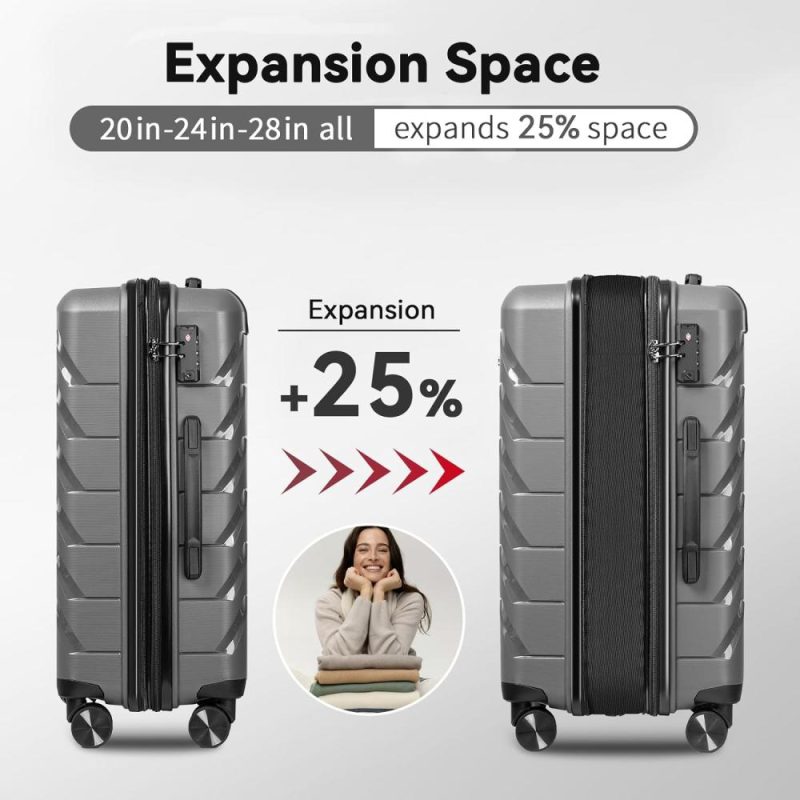 Luggage Sets | Expandable Luggage Sets 3 Piece With Tsa Lock,Luggage Set Pp Material Travel Suitcase Set With Spinner Wheels For Men Women, 20”/24”/28” Luggage Grey