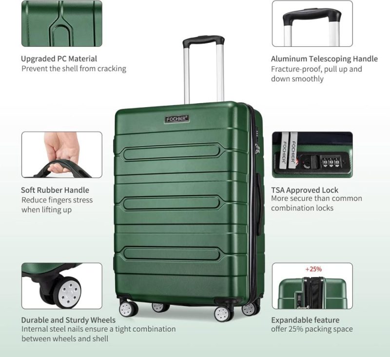 Luggage Sets | Hardside 3 Piece Expandable Luggage Set With Tsa Lock, Hard Shell Rolling Suitcase Set With Spinner Wheels For Women Man, 20 24 28 Inch, Green Luggage Green