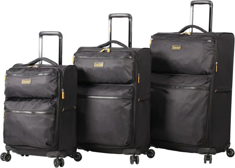 Luggage Sets | Lucas Designer Luggage Collection – 3 Piece Softside Expandable Ultra Lightweight Spinner Suitcase Set – Travel Set Includes 20 Inch Carry On, 24 Inch & 28 Inch Checked Suitcases (Black) Luggage Black