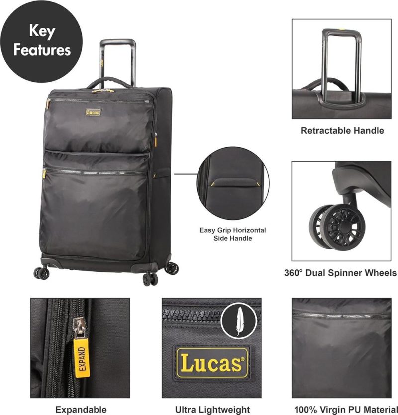 Luggage Sets | Lucas Designer Luggage Collection – 3 Piece Softside Expandable Ultra Lightweight Spinner Suitcase Set – Travel Set Includes 20 Inch Carry On, 24 Inch & 28 Inch Checked Suitcases (Black) Luggage Black