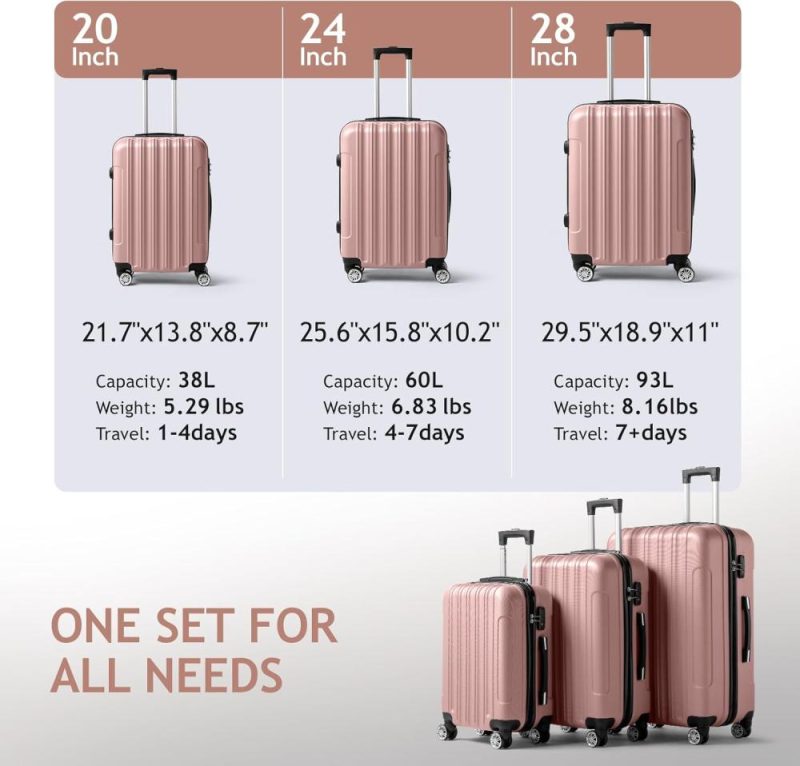 Luggage Sets | Luggage Set Of 3 Hardside Carry On Suitcase Sets With Spinner Wheels & Tsa Lock, Portable Lightweight Abs Luggages For Travel, Business – Rose Gold (20/24/28) Luggage Luggage Sets