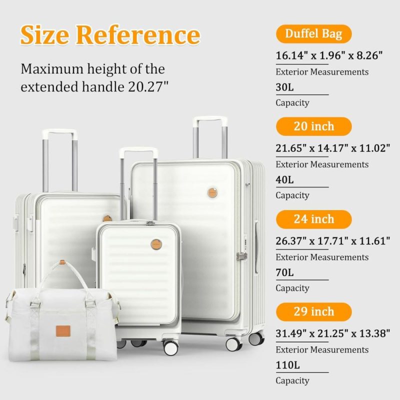 Luggage Sets | Luggage Sets 4 Piece Suitcase Set With Front Pocket, Pc Hardside Expandable Carry On Luggage Set With Spinner Wheels And Tsa Lock, White Luggage Luggage Sets