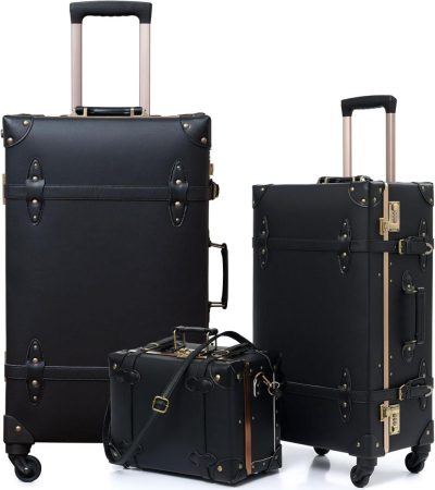 Luggage Sets | Vintage Luggage Sets Of 3 Piece – Hardside Lightweight Spinner Suitcases – Retro Travel Set Includes Under Seat Train Case, 26"+20"+12" (Black) Luggage Black