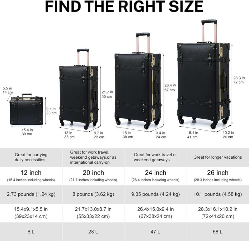 Luggage Sets | Vintage Luggage Sets Of 3 Piece – Hardside Lightweight Spinner Suitcases – Retro Travel Set Includes Under Seat Train Case, 26"+20"+12" (Black) Luggage Black