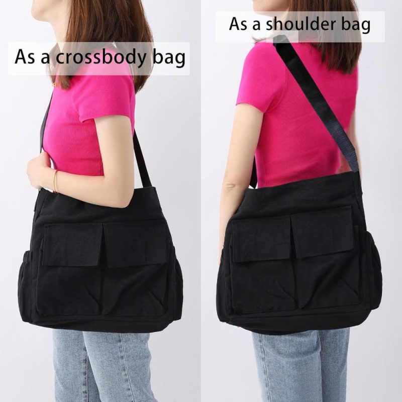 Messenger Bags | Canvas Messenger Bag Crossbody Shoulder Bag For Men Women Vintage Tote Laptop Bag Large Hobo Bag With Multiple Pockets Messenger Bags Black