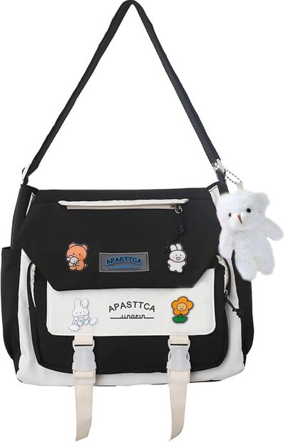 Messenger Bags | Cute Messenger Bag For Teen Girls Women, Kawaii Crossbody Shoulder Purse With Pins And Stuffed Pendant Gift Messenger Bags Black