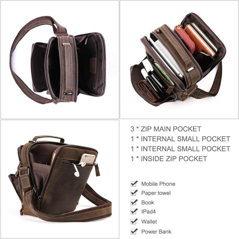 Messenger Bags | Men’s Genuine Leather Crossbody Bag For Men Shoulder Bag Small Messenger Bag Briefcase Leather Handbag Father’s Gift Messenger Bags Dark Brown