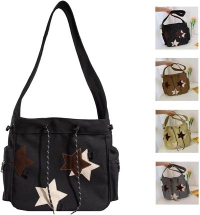 Messenger Bags | Y2K Star Canvas Messenger Bag, Cute Tote Bags Aesthetic, Small Shoulder Travel Crossbody Bags For Women Messenger Bags Black