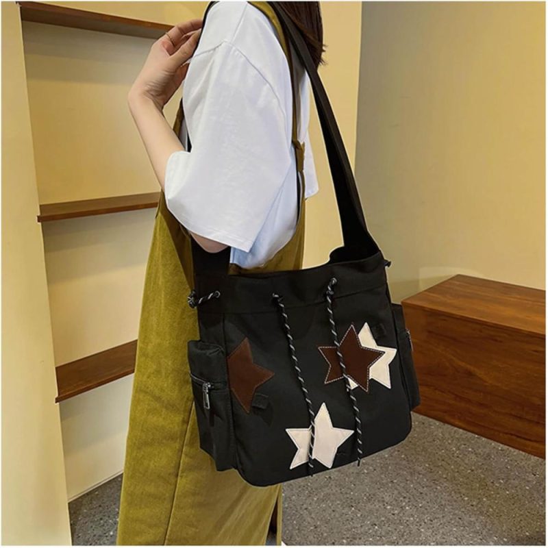 Messenger Bags | Y2K Star Canvas Messenger Bag, Cute Tote Bags Aesthetic, Small Shoulder Travel Crossbody Bags For Women Messenger Bags Black