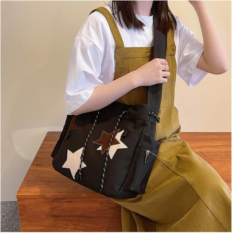 Messenger Bags | Y2K Star Canvas Messenger Bag, Cute Tote Bags Aesthetic, Small Shoulder Travel Crossbody Bags For Women Messenger Bags Black