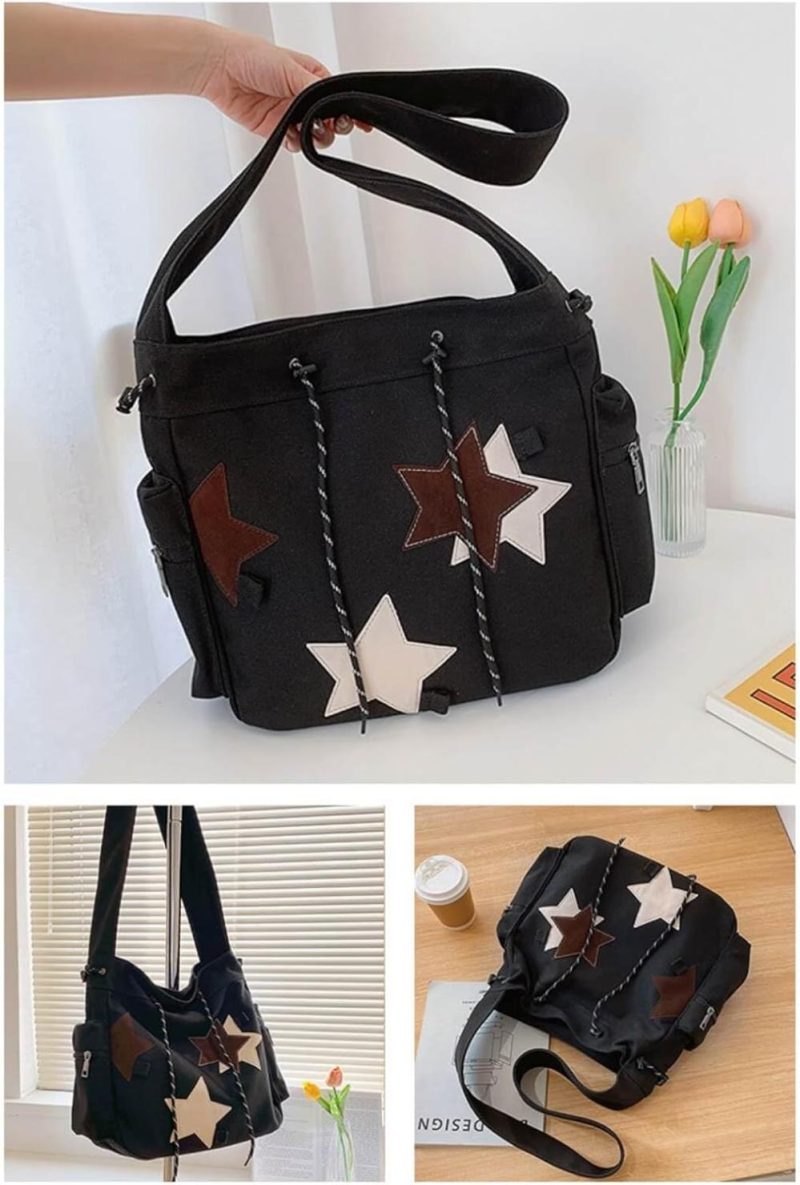 Messenger Bags | Y2K Star Canvas Messenger Bag, Cute Tote Bags Aesthetic, Small Shoulder Travel Crossbody Bags For Women Messenger Bags Black