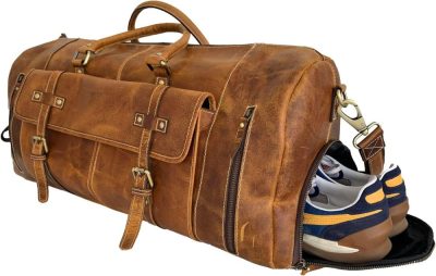 Sports Duffel Bags | 24 Inch Leather Duffel Bags For Men And Women Full Grain Leather Travel Overnight Weekend Leather Bags Sports Gym Duffle For Men (Tan With Shoe Pocket) Gym Bags Sports Duffel Bags