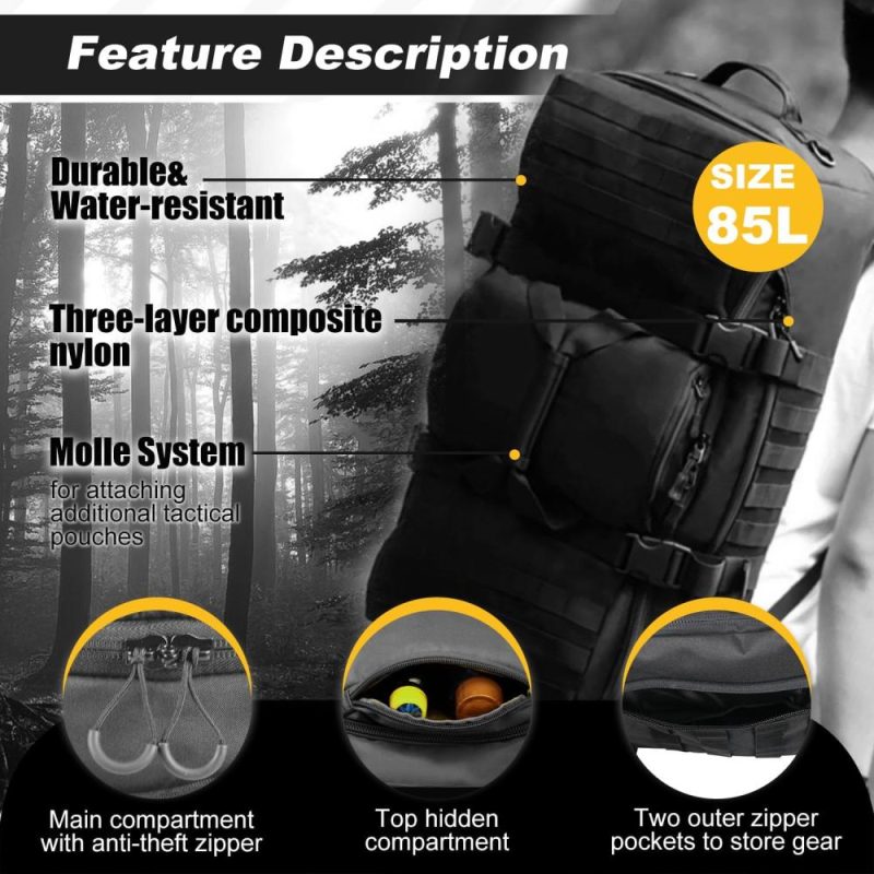 Sports Duffel Bags | 3 In 1 Tactical 85L Military Backpack Travel Duffle Bag For Weekender Gym Workout Deployment Gym Bags Black