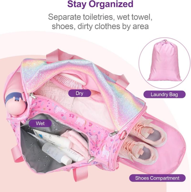 Sports Duffel Bags | Dance Bag For Girls – Ballet Bag For Girls With Shoes Compartment Girls Duffle Bag For Kids Above 6Yr Overnight Travel Sleepover Bags With Dry Wet Separation Pockets Gym Bags Glitter Unicorn