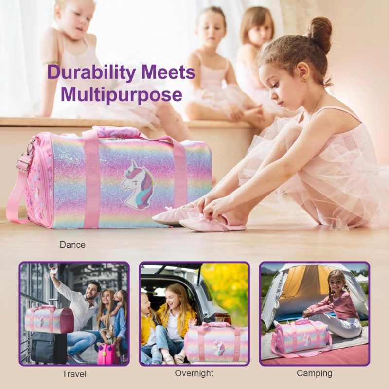 Sports Duffel Bags | Dance Bag For Girls – Ballet Bag For Girls With Shoes Compartment Girls Duffle Bag For Kids Above 6Yr Overnight Travel Sleepover Bags With Dry Wet Separation Pockets Gym Bags Glitter Unicorn