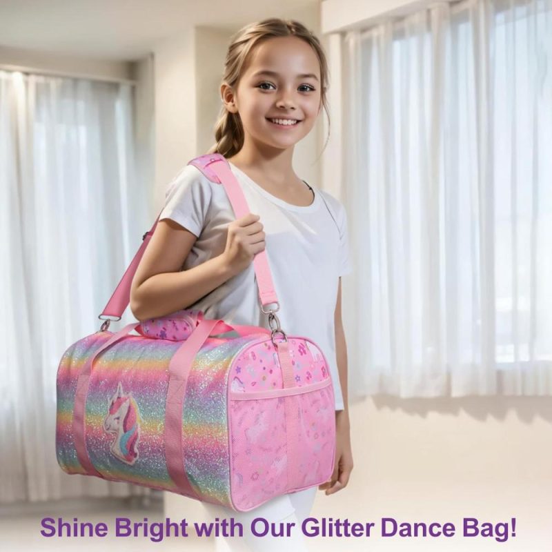 Sports Duffel Bags | Dance Bag For Girls – Ballet Bag For Girls With Shoes Compartment Girls Duffle Bag For Kids Above 6Yr Overnight Travel Sleepover Bags With Dry Wet Separation Pockets Gym Bags Glitter Unicorn