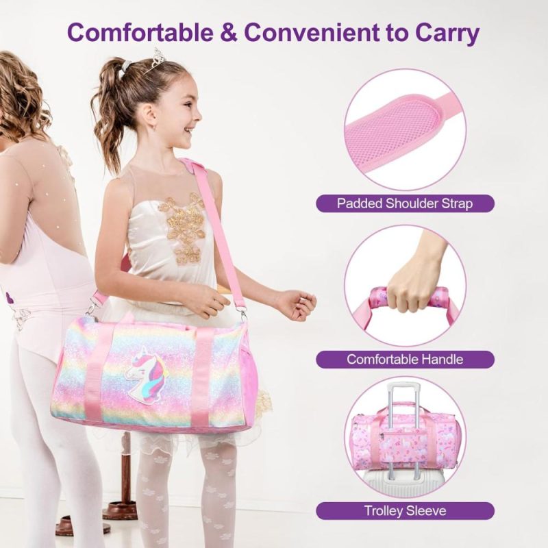 Sports Duffel Bags | Dance Bag For Girls – Ballet Bag For Girls With Shoes Compartment Girls Duffle Bag For Kids Above 6Yr Overnight Travel Sleepover Bags With Dry Wet Separation Pockets Gym Bags Glitter Unicorn