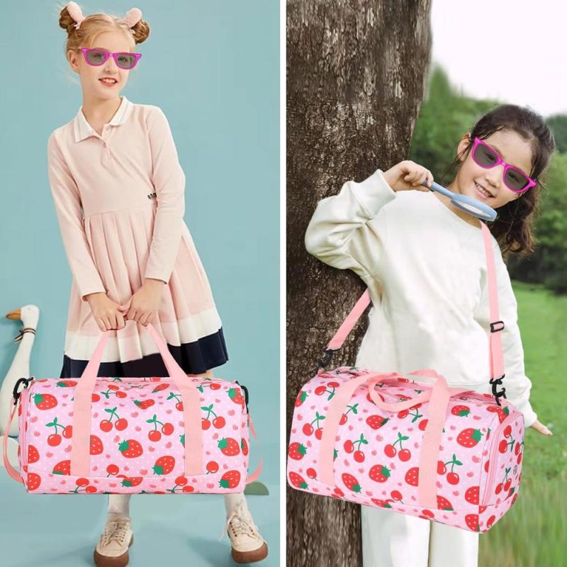 Sports Duffel Bags | Duffle Bag For Girls Kids Overnight Bags Cute Strawberry Cherry Dance Sports Bag Travel Tote With Shoe Compartment And Wet Pocket Gym Bags Sports Duffel Bags