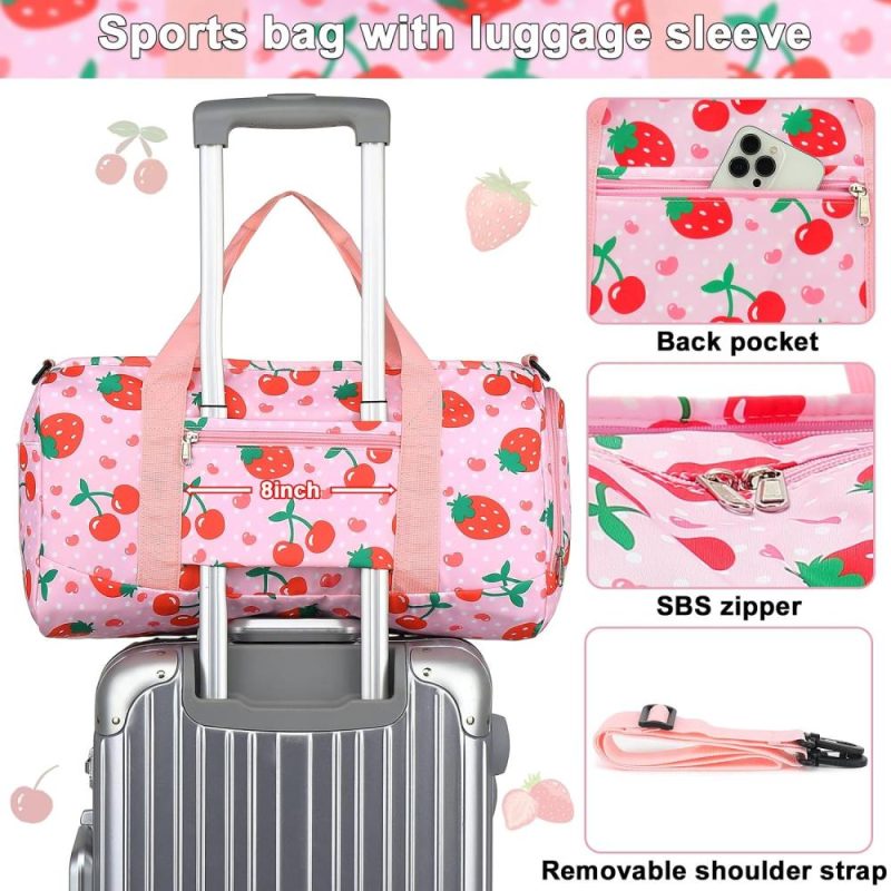 Sports Duffel Bags | Duffle Bag For Girls Kids Overnight Bags Cute Strawberry Cherry Dance Sports Bag Travel Tote With Shoe Compartment And Wet Pocket Gym Bags Sports Duffel Bags