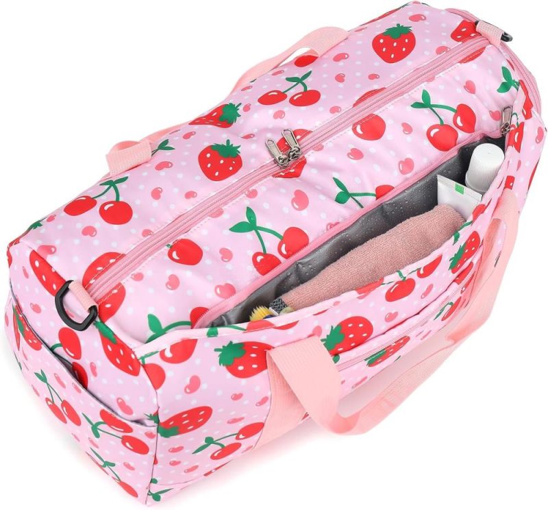 Sports Duffel Bags | Duffle Bag For Girls Kids Overnight Bags Cute Strawberry Cherry Dance Sports Bag Travel Tote With Shoe Compartment And Wet Pocket Gym Bags Sports Duffel Bags