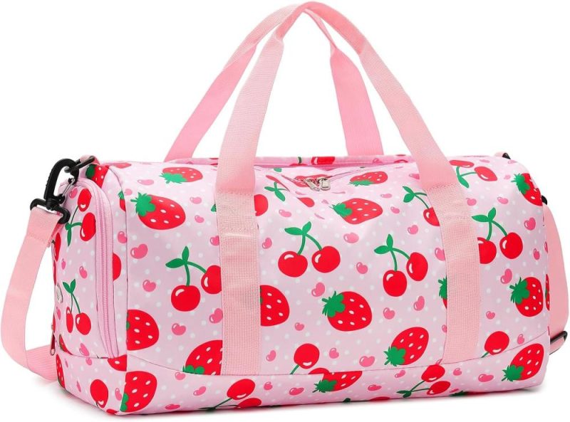 Sports Duffel Bags | Duffle Bag For Girls Kids Overnight Bags Cute Strawberry Cherry Dance Sports Bag Travel Tote With Shoe Compartment And Wet Pocket Gym Bags Sports Duffel Bags