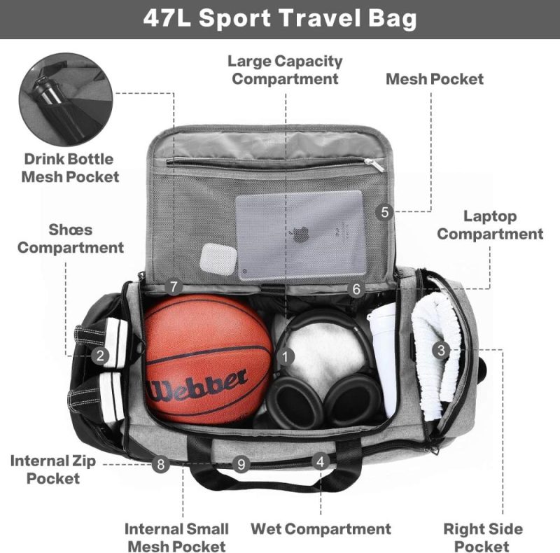 Sports Duffel Bags | Gym Bag For Men Women, Large Sport Duffel Bag With Shoe Compartment Wet Compartment, Travel Duffel Bag Backpack, Weekend Bag Carry On Backpack For Gym, Travel, Fitness, Workout (Grey, 47L) Gym Bags Grey