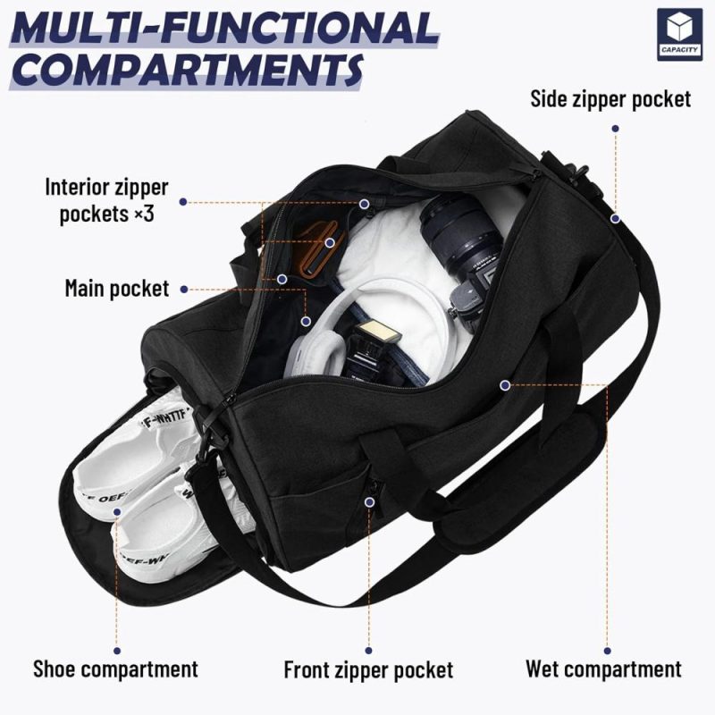 Sports Duffel Bags | Gym Bag For Men Women With Shoe And Wet Compartment, 25L Sports Duffle Bags For Travel Swimming Fitness And Workout With Shoulder Strap, Black Gym Bags Black