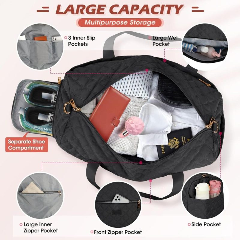 Sports Duffel Bags | Gym Bag For Women, 40L Duffle Bag With Toiletry Bag Waterproof Weekender Carry On Bag With Shoe Compartment & Wet Pocket For Sports Yoga Travel, Black Gym Bags Black