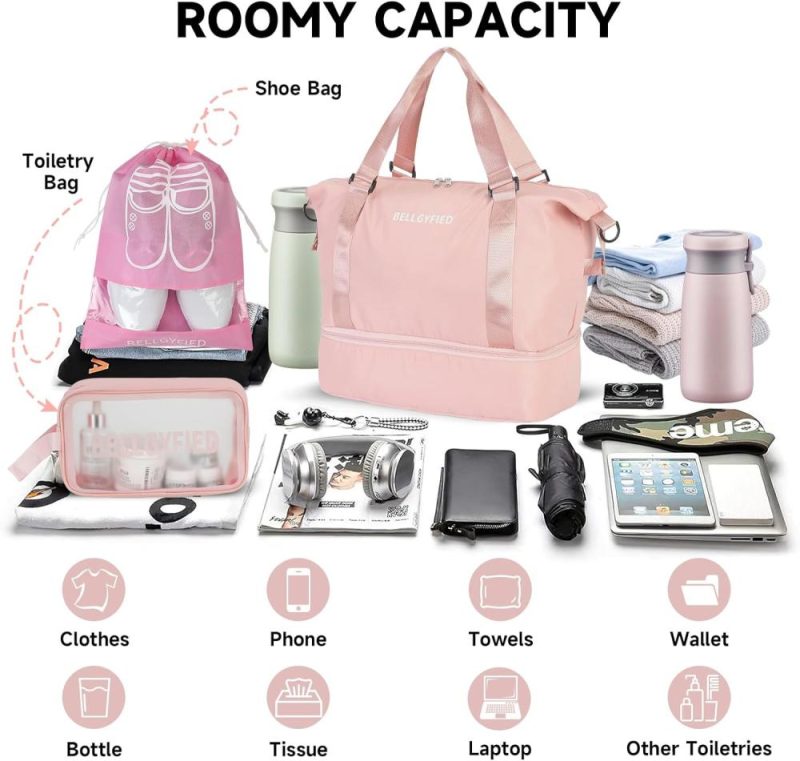 Sports Duffel Bags | Gym Bag For Women, Gym Bag With Shoe Compartment, Sturdy Dry Wet Separated Sports Tote Travel Duffle Bag With Soft Shoulder Strap – Extra Toiletry Bag & Shoe Bag Included (Pink) Gym Bags A-pink