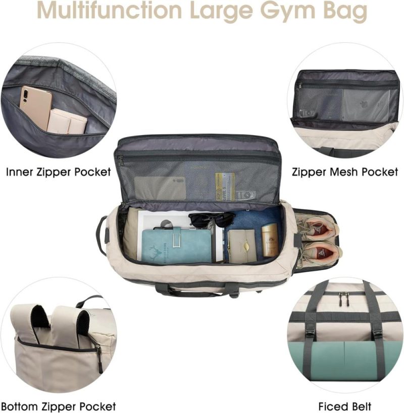 Sports Duffel Bags | Gym Bag For Women Men 45L Duffle Backpack With Shoe Compartment Water Resistant Travel Weekender Bag, Ivory Gym Bags Ivory