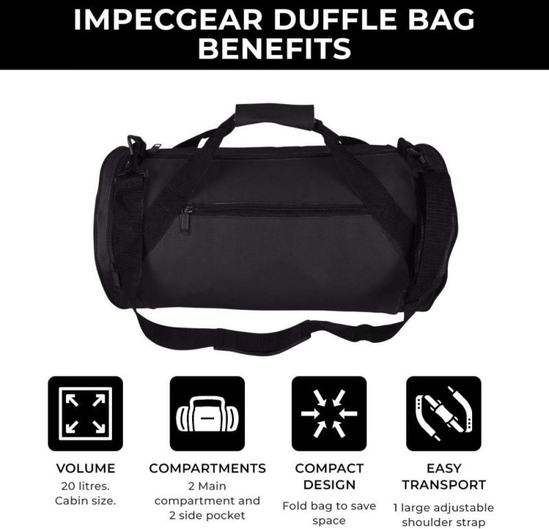 Sports Duffel Bags | Impecgear Round Duffel Sports Bags, Travel Gym Fitness Bag. (Black – 2 Sizes Zippered) Small-Medium Gym Bags Black - 2 Sizes Zippered