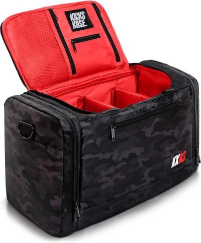 Sports Duffel Bags | (Kicks Kase) Camo Premium Sneaker Bag & Travel Duffel Bag – 3 Adjustable Compartment Dividers – For Shoes, Clothing And Gym Gym Bags Black Camo/Red