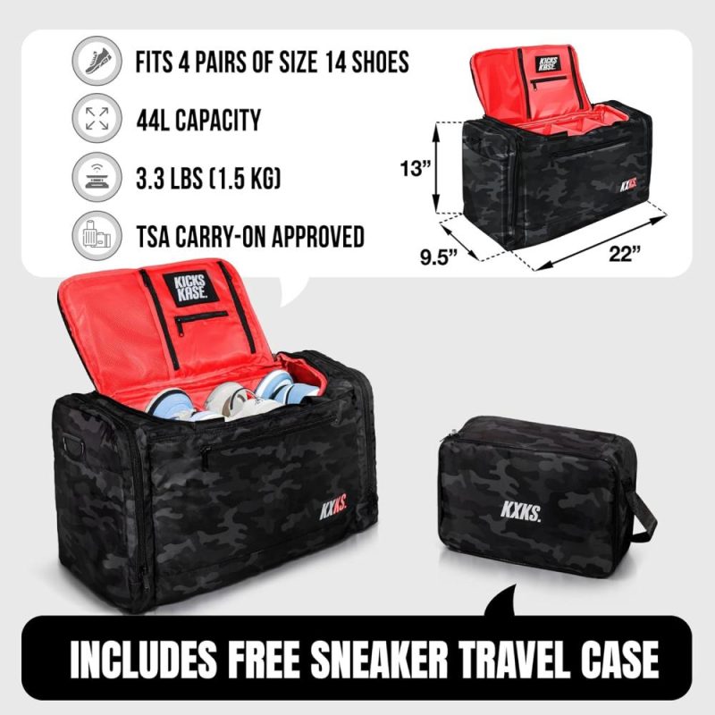 Sports Duffel Bags | (Kicks Kase) Camo Premium Sneaker Bag & Travel Duffel Bag – 3 Adjustable Compartment Dividers – For Shoes, Clothing And Gym Gym Bags Black Camo/Red